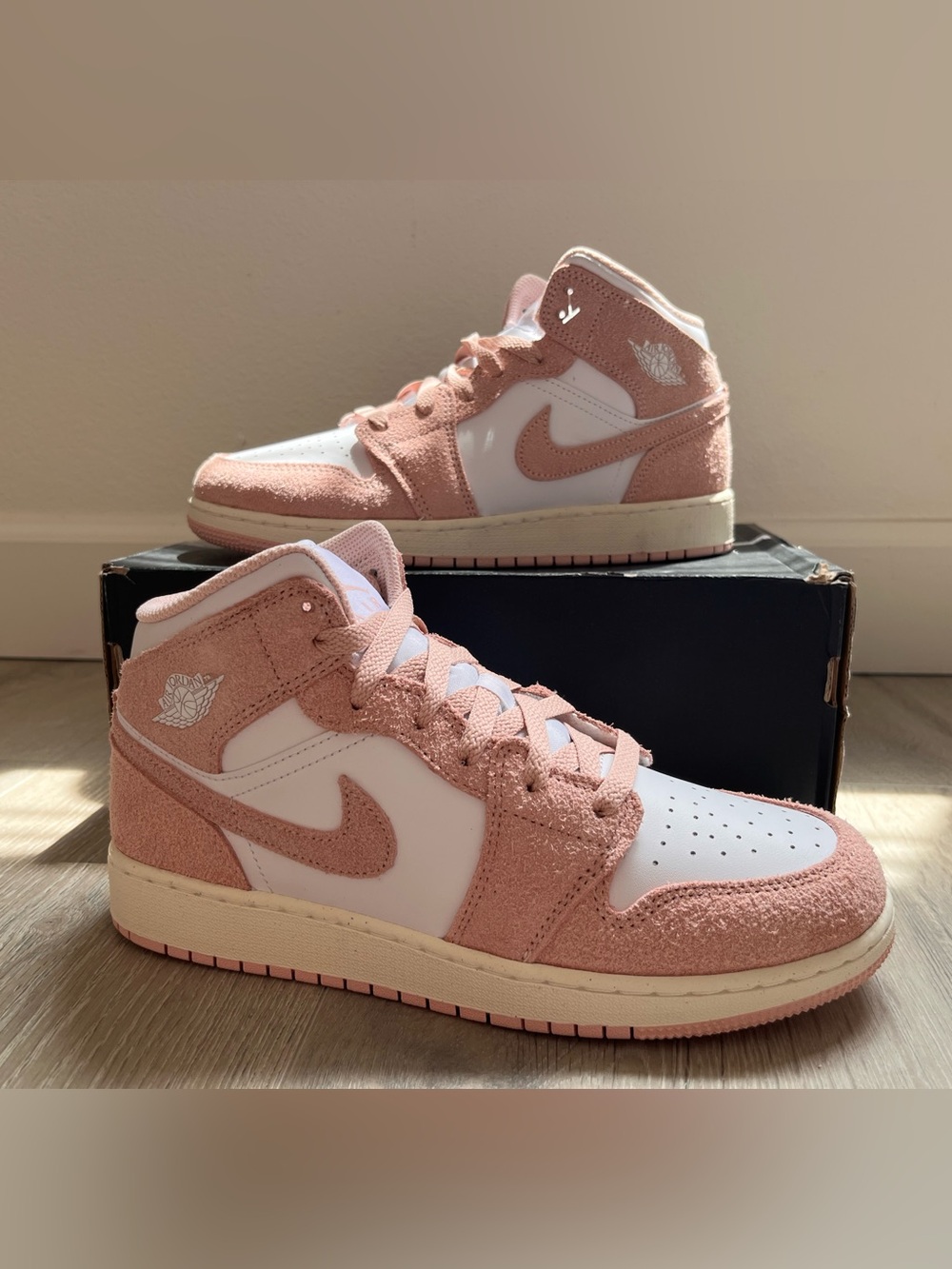 Nike Kids Pink and White Jordan 1 Mid Sneakers